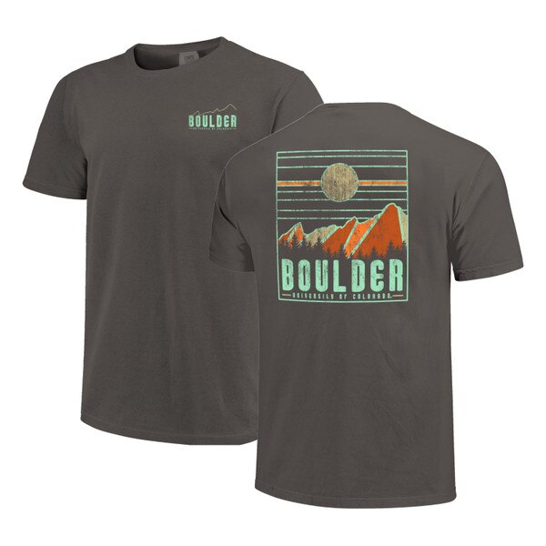 A dark gray unisex Image One short sleeve t-shirt with flatiron outline and "Boulder-University of Colorado" on front. There's a warm flatiron landscape and "Boulder- University of Colorado on back.